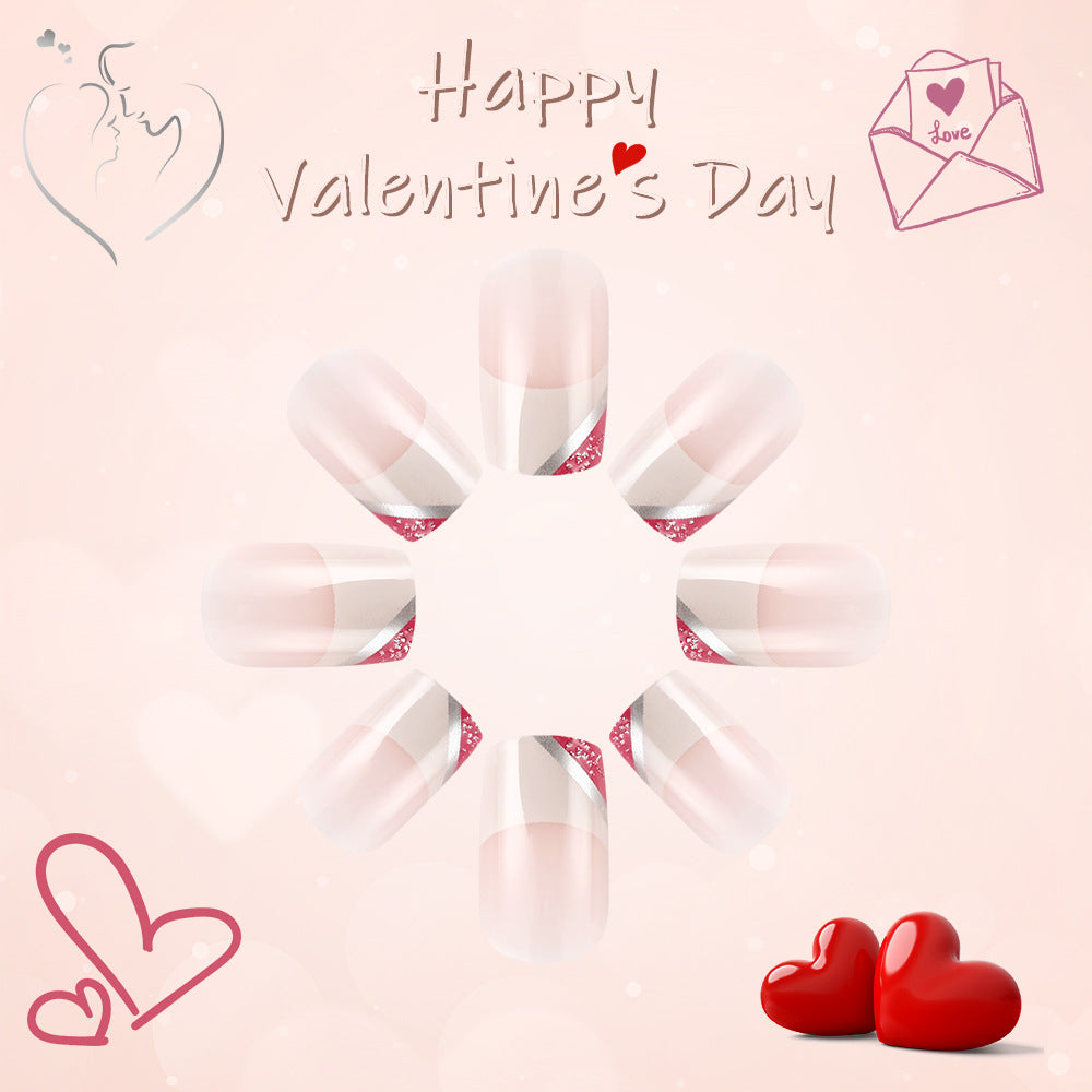 Romantic Hearts Short Square Press On Nail Set Stylish Soft Pink with Glitter Accent