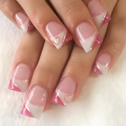 Charming Romance Short Square Pink Ombre Design with Heart Accents Press on Nail Set