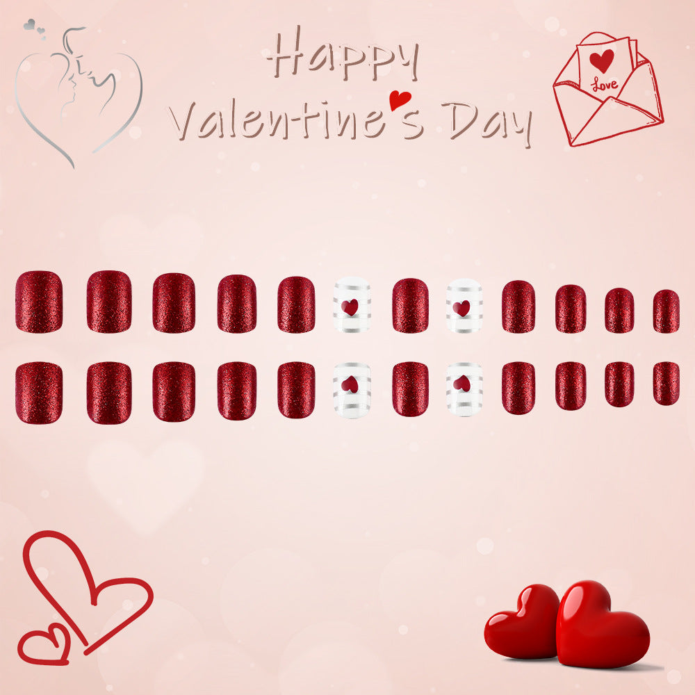Romantic Charm Short Square Red Glitter Press On Nail Set with Heart Accent