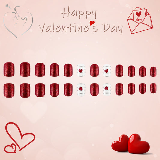 Romantic Charm Short Square Red Glitter Press On Nail Set with Heart Accent