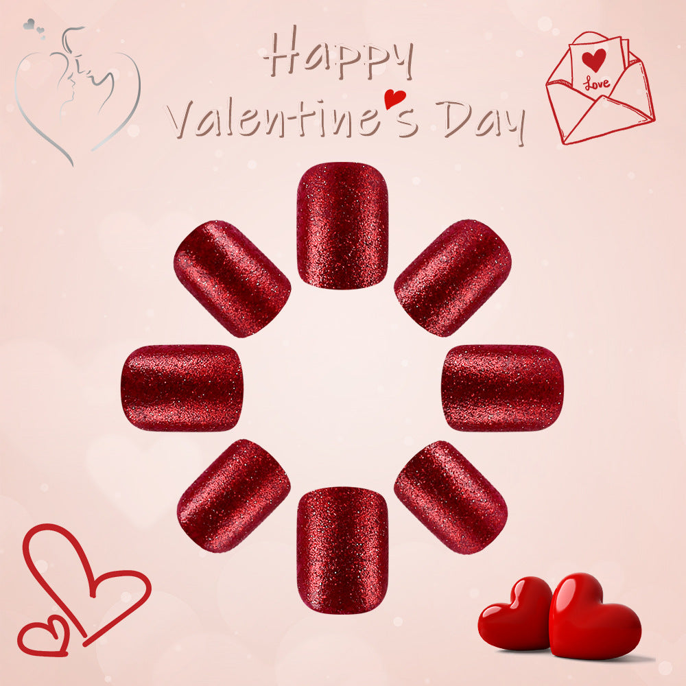 Romantic Nail Bliss Red Glitter Short Square Press-On Nail Set for a Dazzling Valentine‚Äôs Day Look