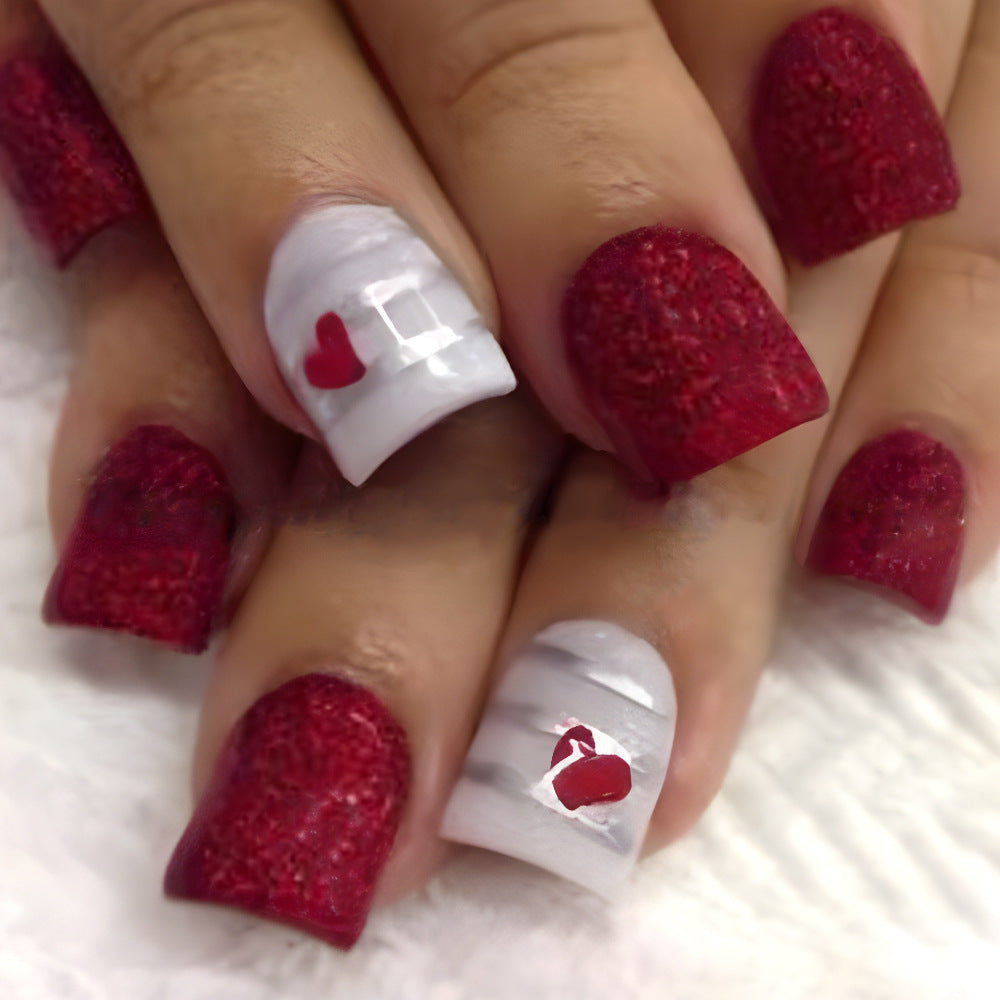 Romantic Sparkle Short Square Red Press On Nail Set with Heart Accent Design