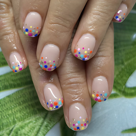 Playful Color Splash Short Round Pink Press On Nail Set with Vibrant Polka Dot Design