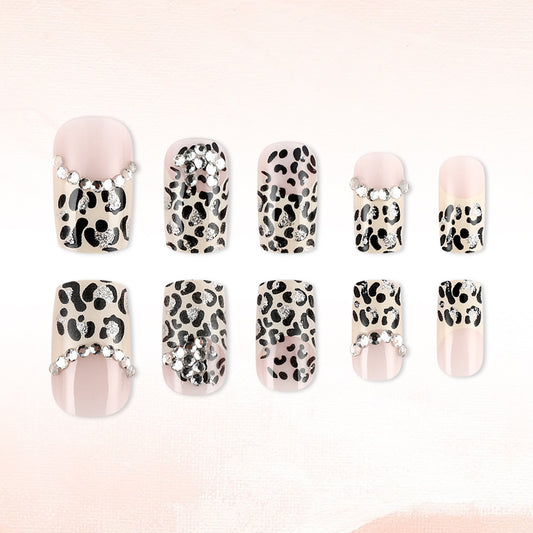 Wild Safari Medium Square Champagne Glitter Leopard Press On Nail Set