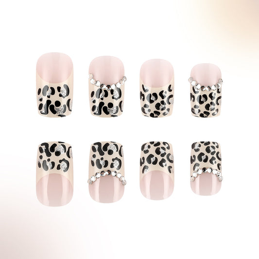 Wild Chic Medium Square Leopard Print Press On Nail Set with Rhinestone Accents