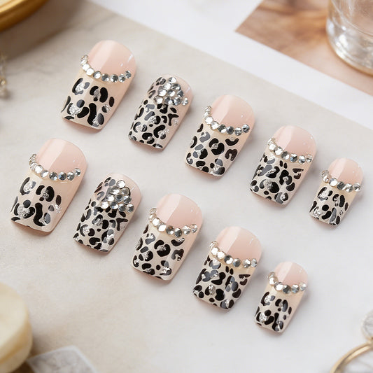 Wild Safari Glam Short Square Beige Leopard Print with Rhinestone Accents Press On Nail Set