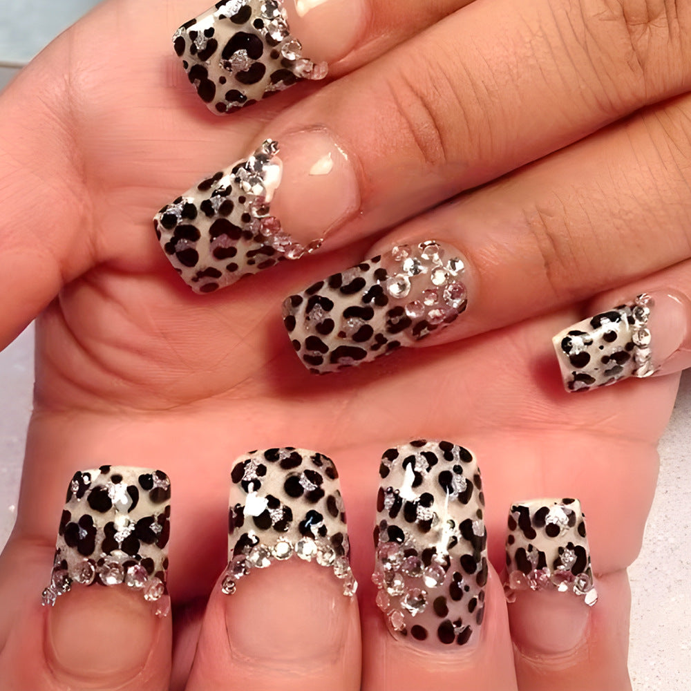Wild Leopard Glamour Long Square Press On Nails with Shimmering Rhinestone Accent