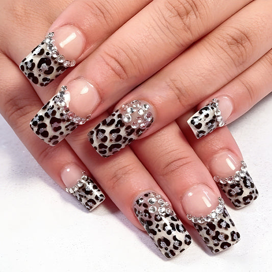Chic Safari Medium Square Grey with Leopard Print and Rhinestone Accents Press-On Nail Set
