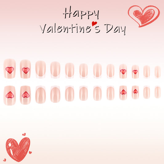 Love Inspired Press-On Nail Set Medium Square Beige Pink with Charming Heart Designs