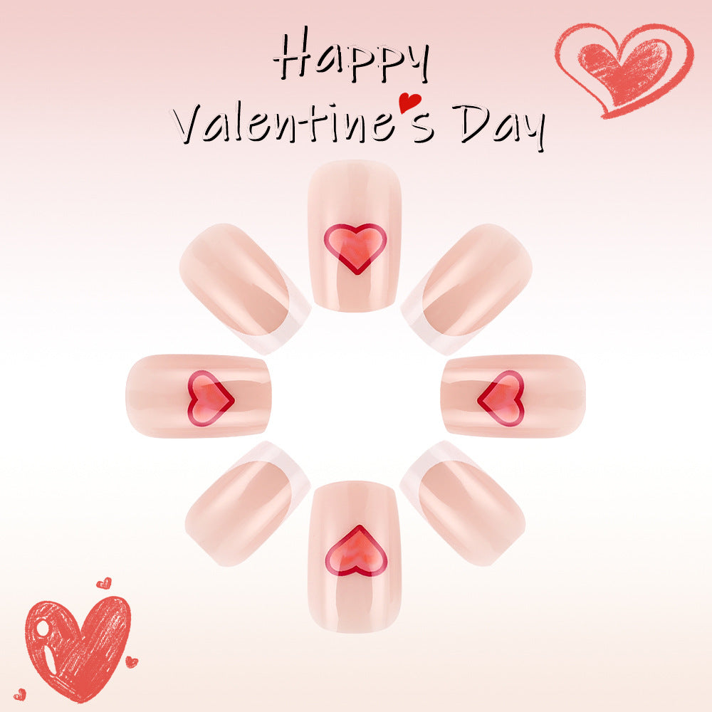 Romantic Love Inspired Medium Square Shaped Blush Pink Press On Nails with Heart Design