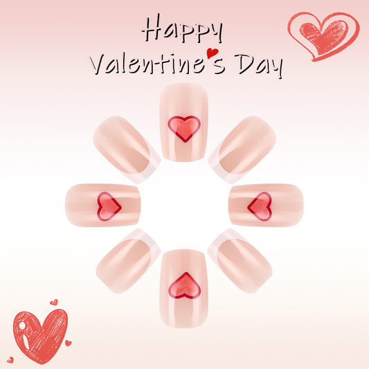 Romantic Love Inspired Medium Square Shaped Blush Pink Press On Nails with Heart Design