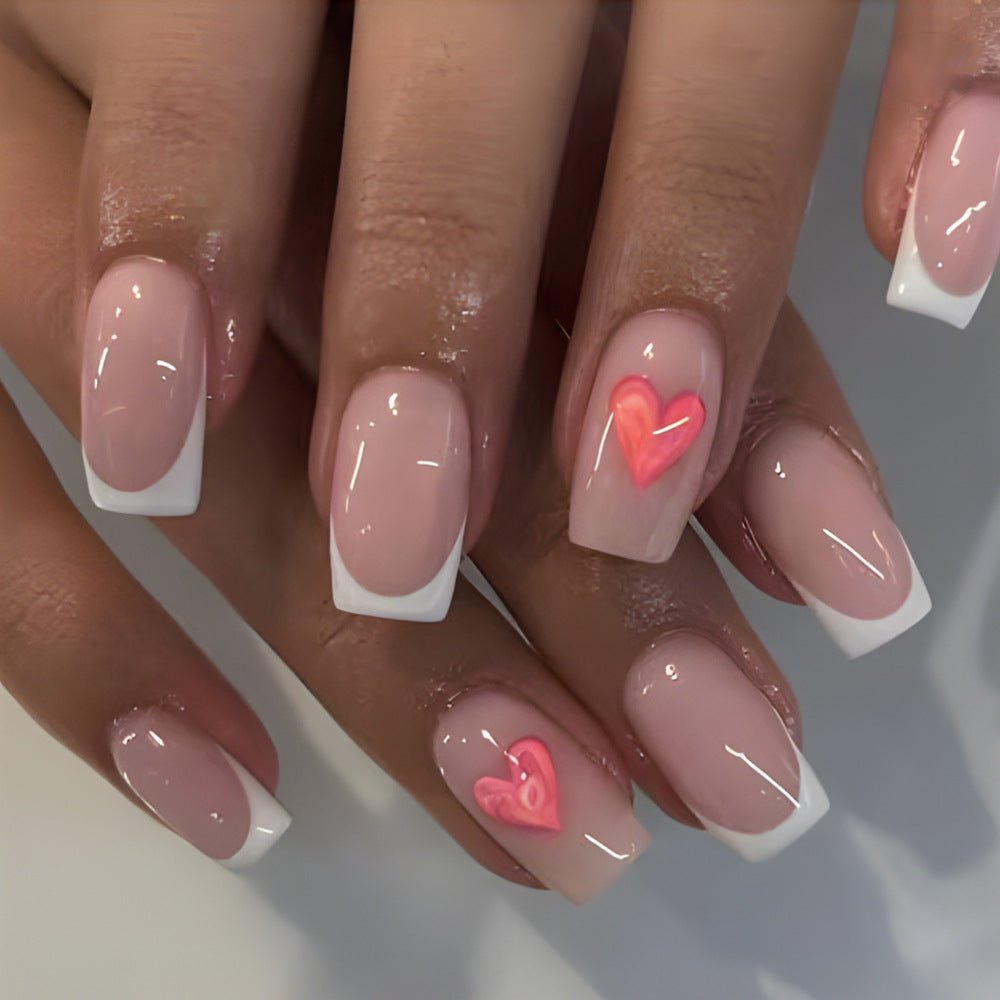 Cherished Love Heart Theme Medium Square Pink Press On Nail Set with Elegant White Tips and Charming Heart Accents