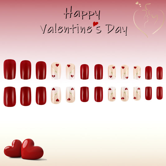 Romantic Hearts Red Medium Square Press On Nail Set with Unique Heart Designs