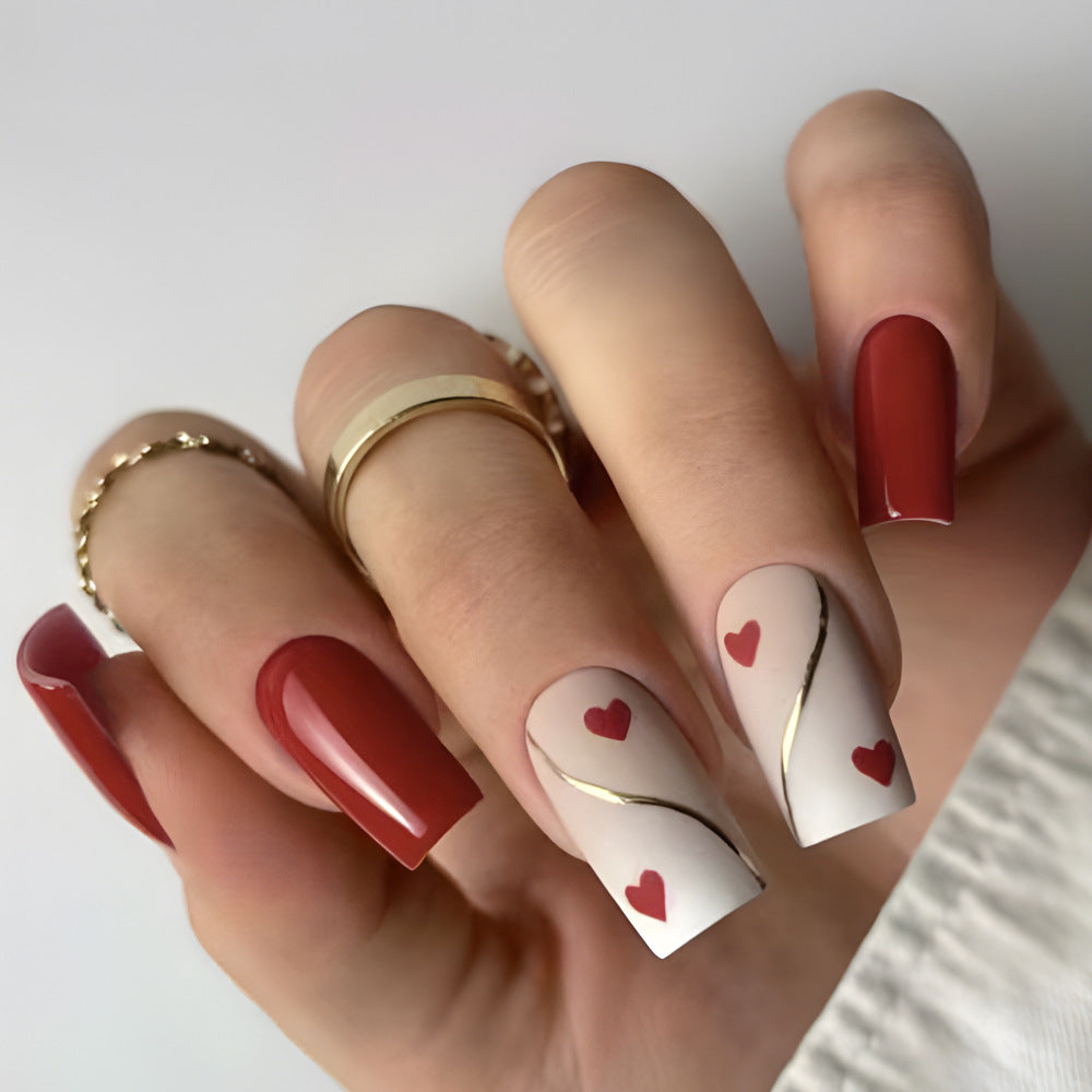 Charming Romance Long Square Red with Heart Accents and Elegant Gold Detailing Press on Nail Set