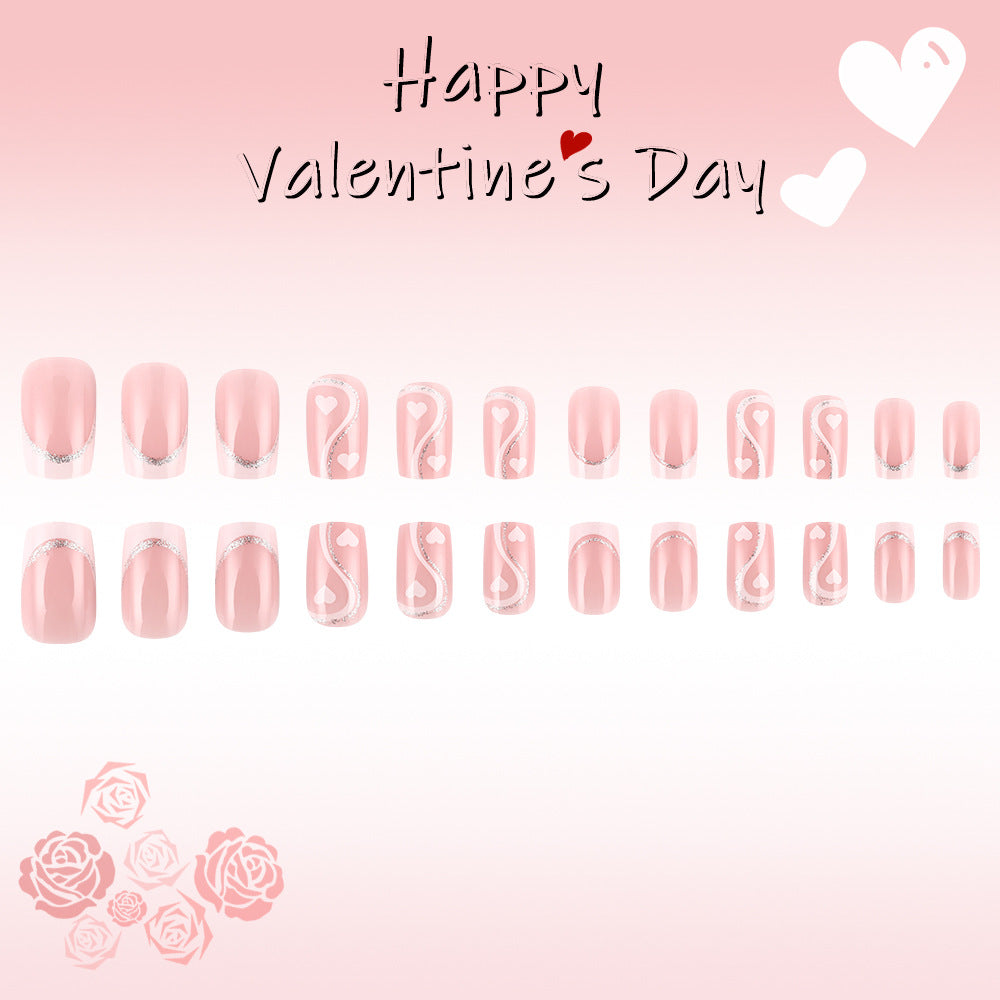 Romantic Bliss Medium Square Soft Pink Elegant Heart Design Press On Nail Set