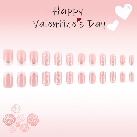 Romantic Bliss Medium Square Soft Pink Elegant Heart Design Press On Nail Set