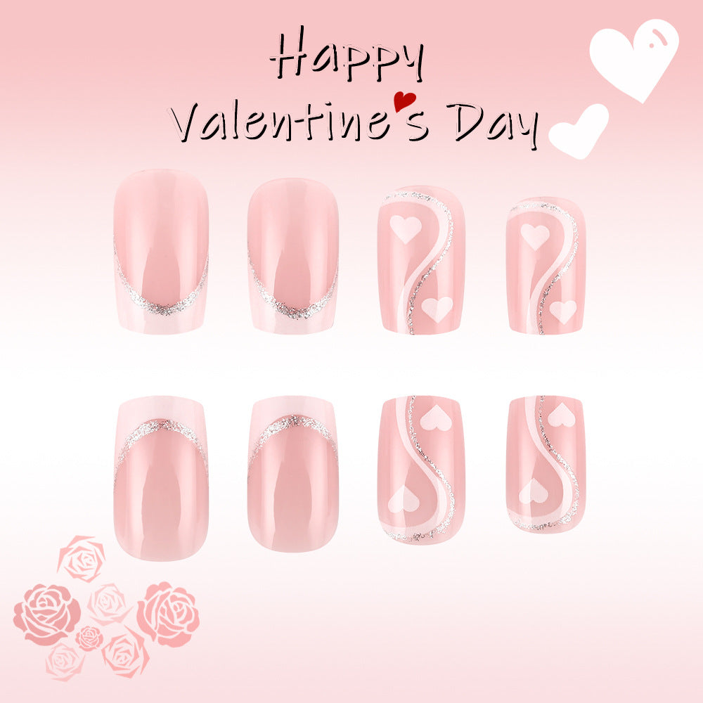 Romantic Heartfelt Elegance Medium Square Soft Pink with Glittering Swirls and Heart Accents Press-On Nail Set