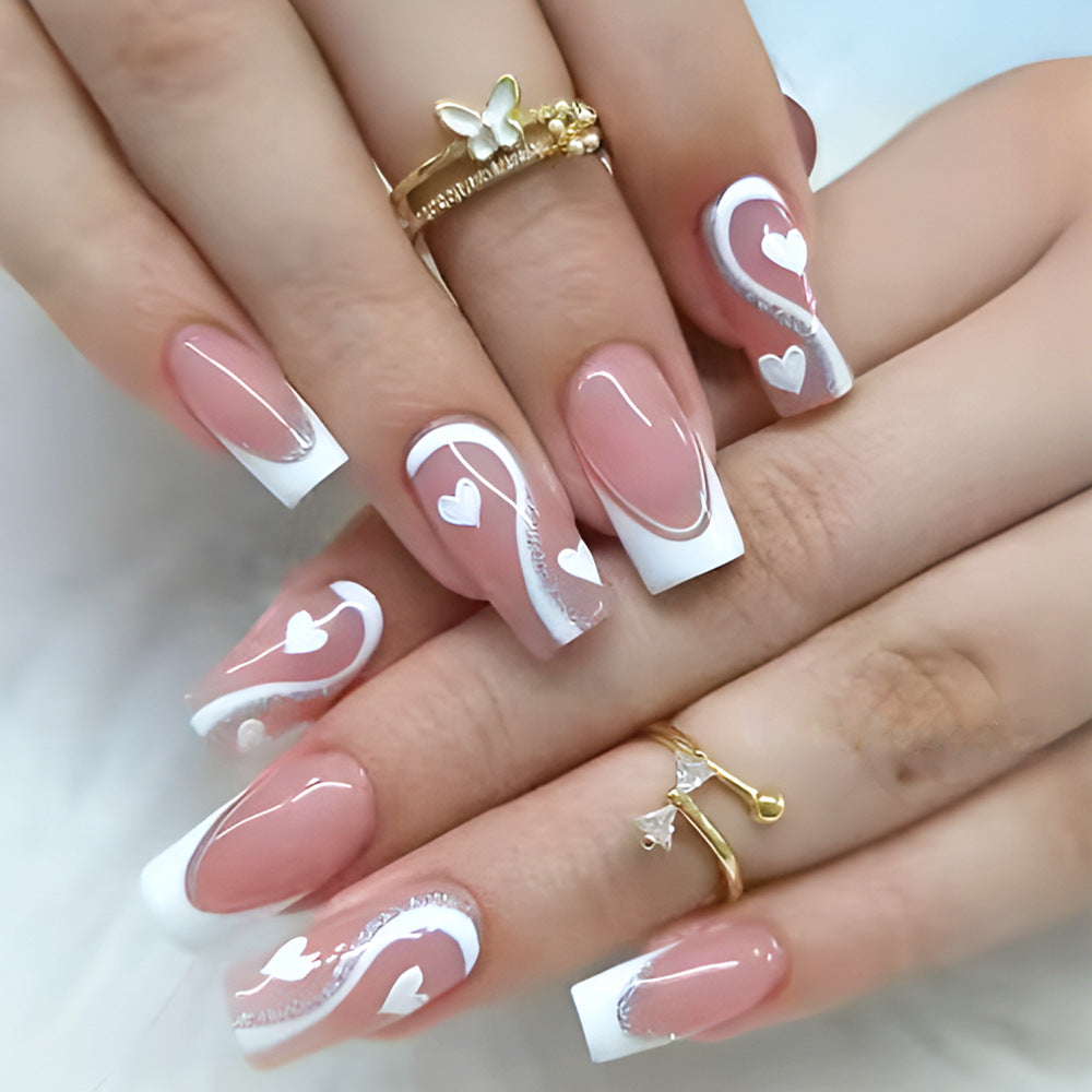 Romantic Elegance Long Square Pink Nails with White Hearts and Shimmering Tips