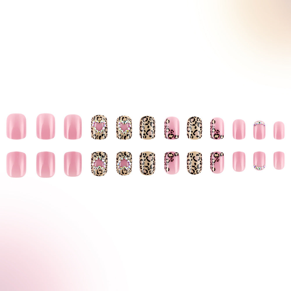 Wild Safari Elegance Short Squoval Pink and Leopard Print Nails with Sparkling Hearts