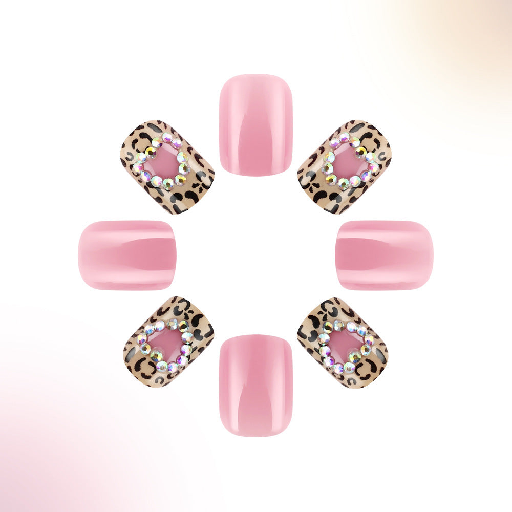 Wild Glamour Chic Press-On Nail Set in Short Length Square Shape Soft Pink and Leopard Print Accent with Rhinestones