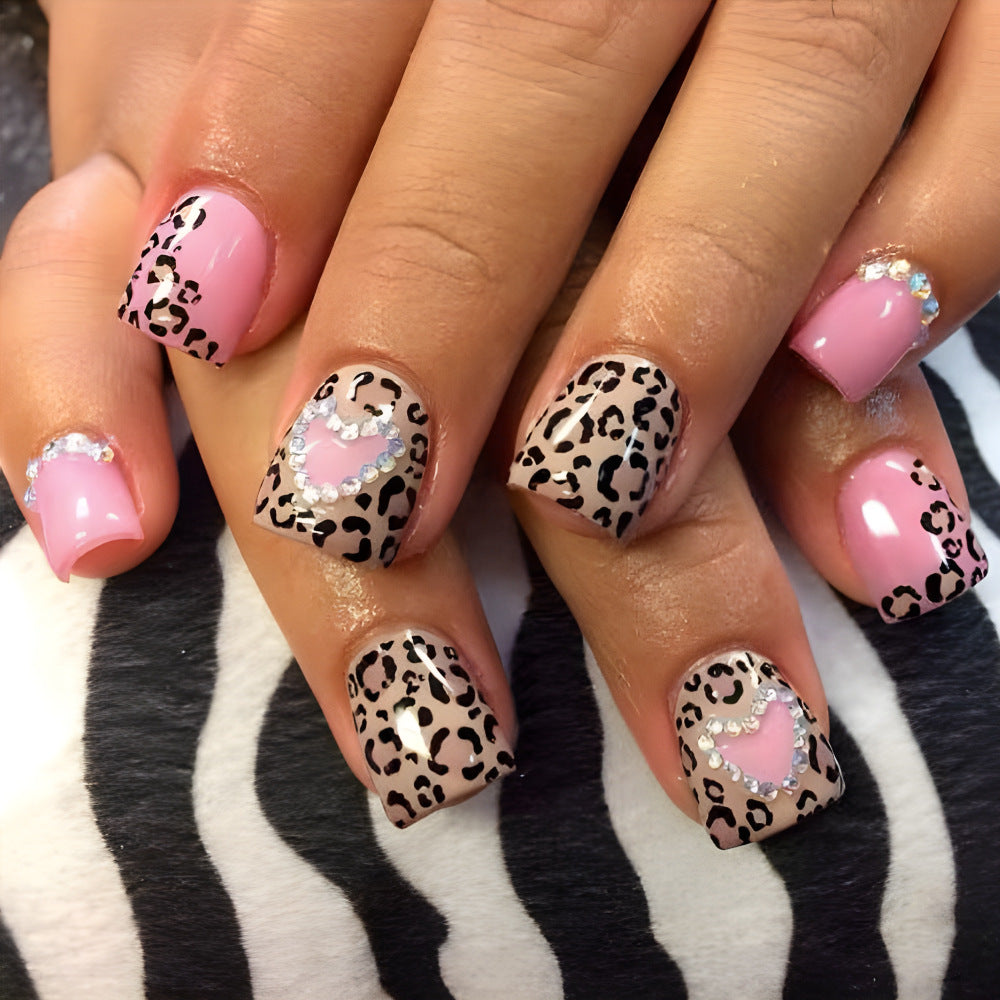 Wild Chic Pink Leopard Print Short Square Press On Nail Set with Heart Shaped Rhinestone Accents