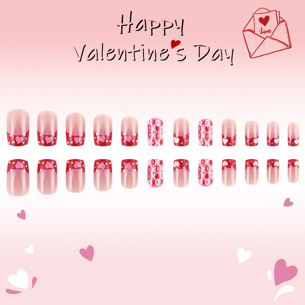 Love Struck Short Square Pink and Red Press-On Nail Set with Heart Patterns and Dazzling Designs