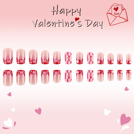 Love Struck Short Square Pink and Red Press-On Nail Set with Heart Patterns and Dazzling Designs
