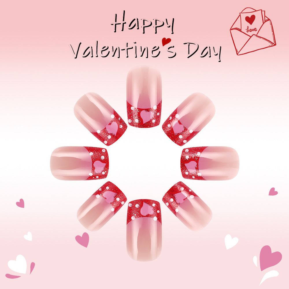 Lovely Heartbeat Press-On Nail Set Short Square Pink and Red with Glittery Heart Design