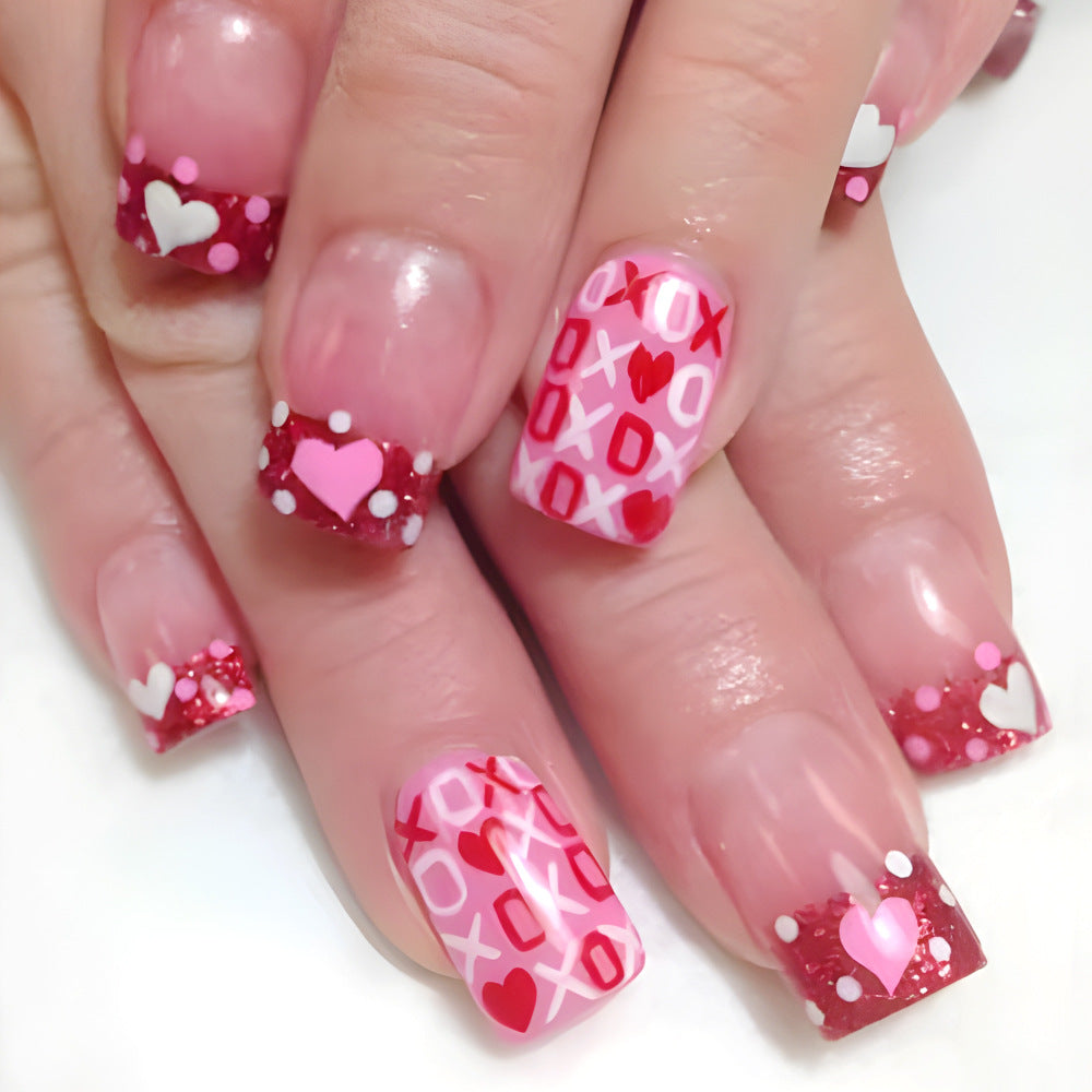 Valentine's Romance Medium Square Bright Pink with Heart and XOXO Design Press On Nail Set