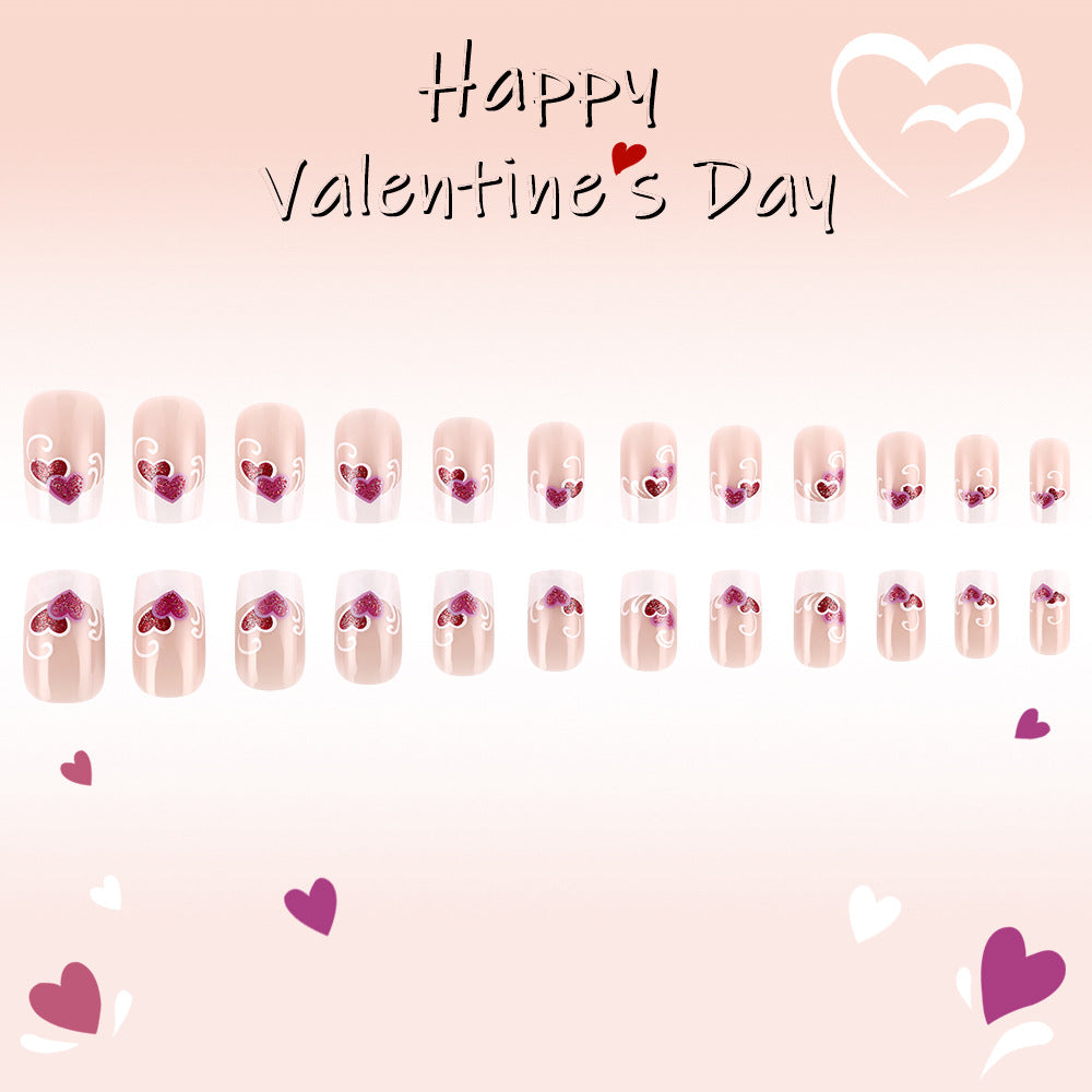 Love Inspired Elegant Short Square Shaped Soft Pink Press On Nail Set with Glitter Heart Designs
