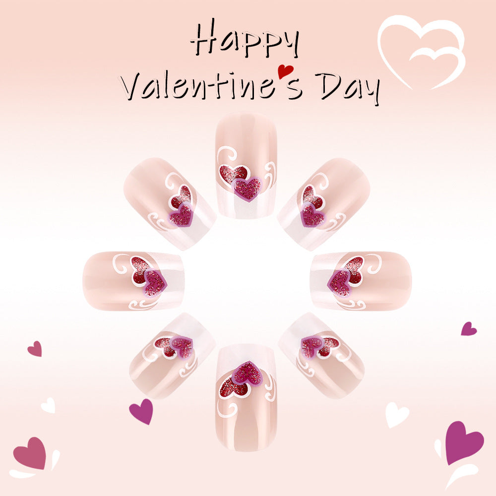 Charming Love Theme Glossy Short Square Beige Press On Nail Set with Heart Glitter Design