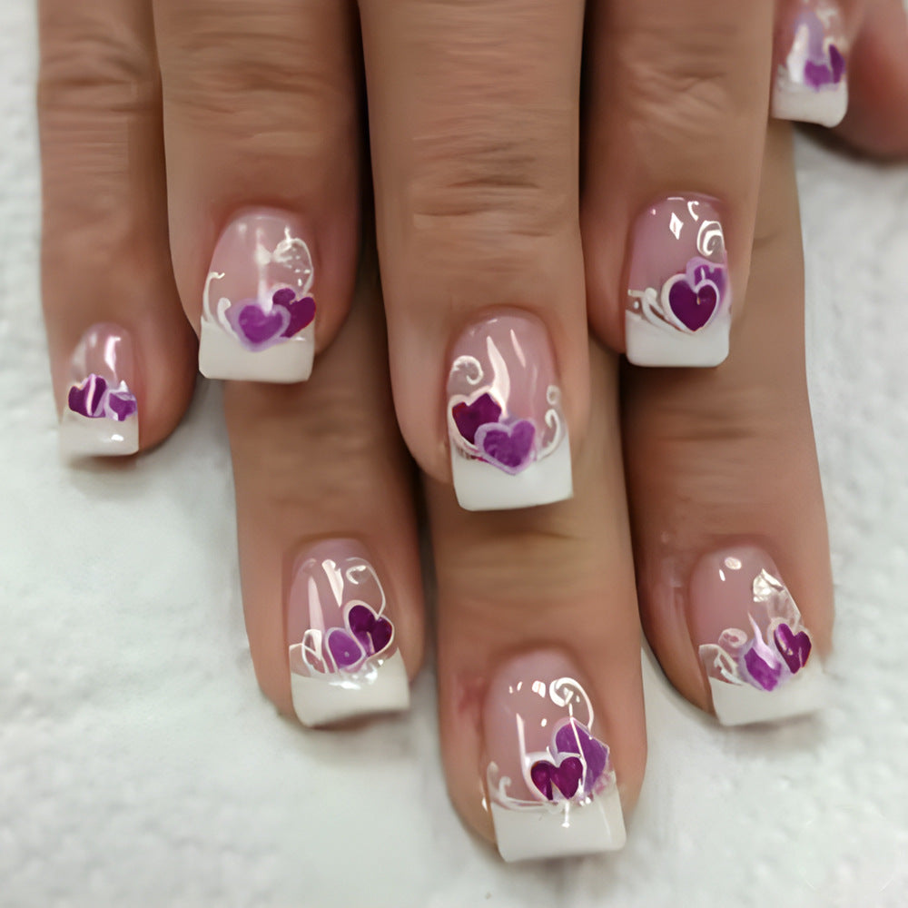 Heartfelt Elegance Short Square Lavender and White Press On Nail Set with Intricate Floral Design