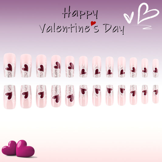 Romantic Heart Elegance Long Square Pink Nails with Silvery Heart Designs