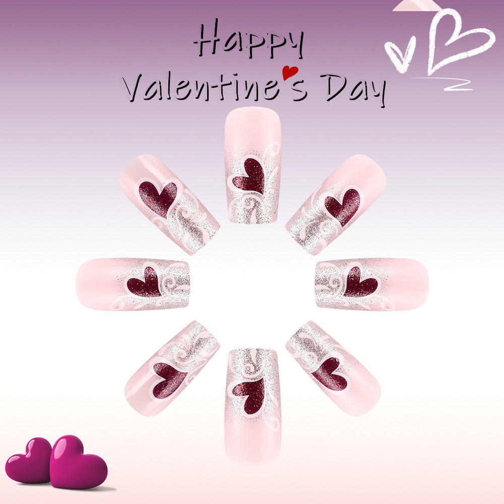 Romantic Hearts Press On Nails Long Square Pink with Glittery Silver Tips and Heart Designs