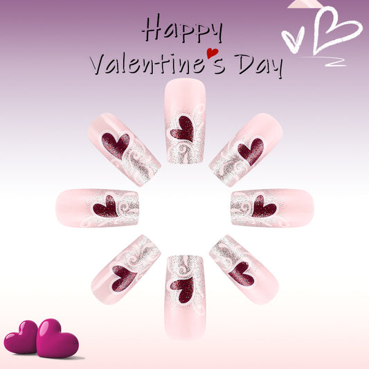 Romantic Hearts Press On Nails Long Square Pink with Glittery Silver Tips and Heart Designs