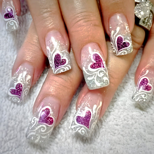 Romantic Elegance Long Square Transparent Glitter with Purple Heart Accents Press On Nail Set