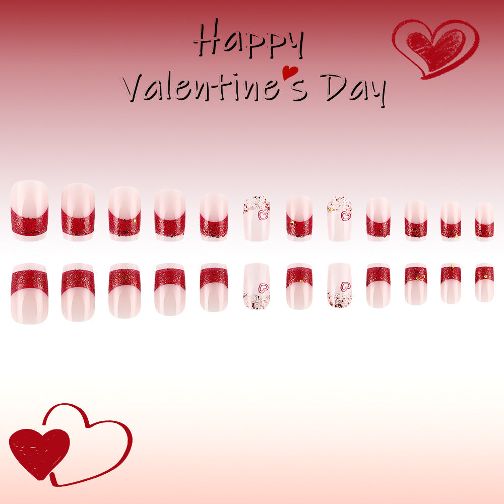 Romantic Elegance Short Square Pink with Glitter Heart Design Nail Set