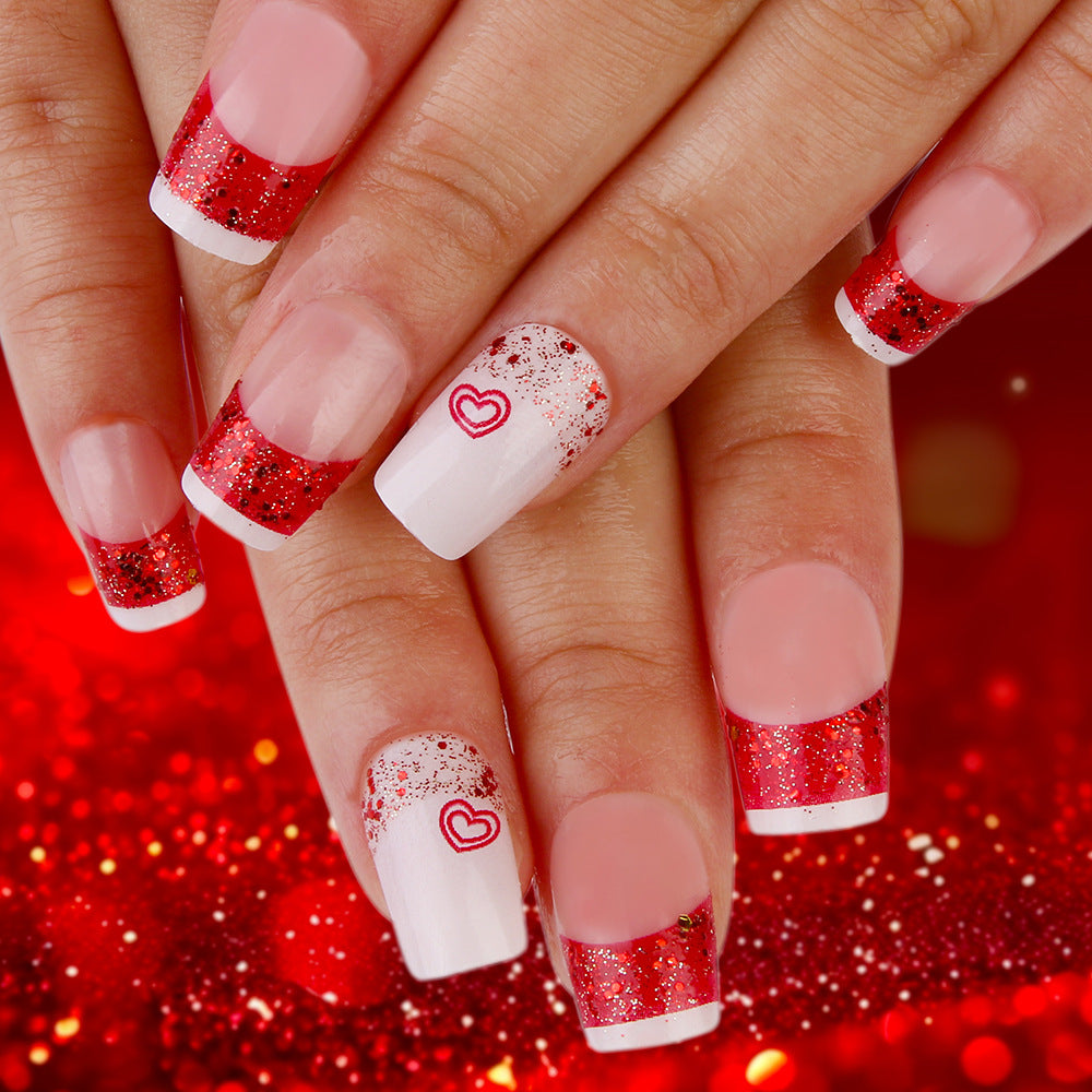 Romantic Red Elegance Medium Square Red Glitter French Tips with Heart Design Press on Nail Set