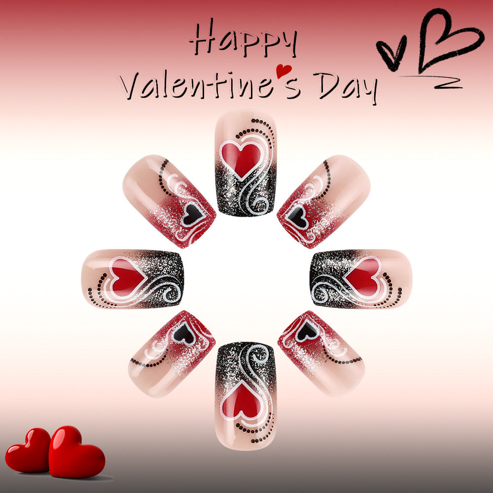 Romantic Heart Shaped Short Square Press On Nail Set in Red and Black with Glittery Ombre Design