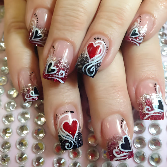 Romantic Elegance Medium Square Glitter Gradient Heart Design Pattern Press On Nail Set