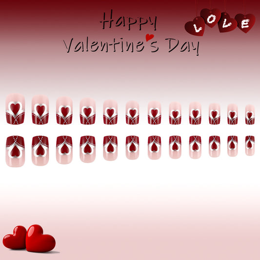 Romantic Heart Theme Short Square Red Nail Set with Elegant Pearl Detailing for Valentine's Day Glamour