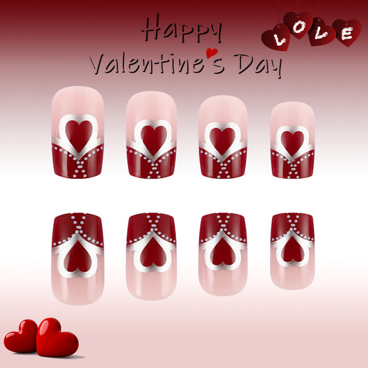 Romantic Heart Medium Square Shaped Red and Pink Nail Press Set with Glittering Love Design