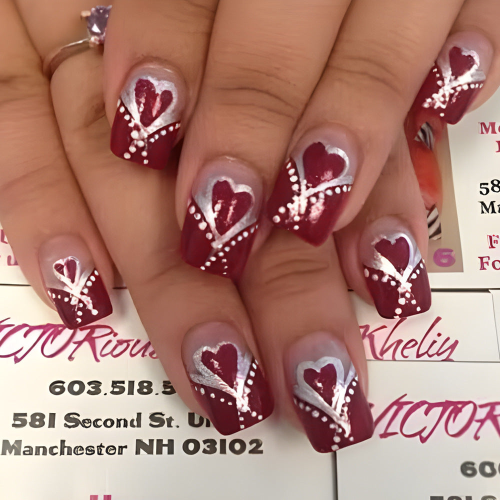Romantic Heart Design Short Square Dark Red Press-On Nail Set with Elegant Metallic Accents