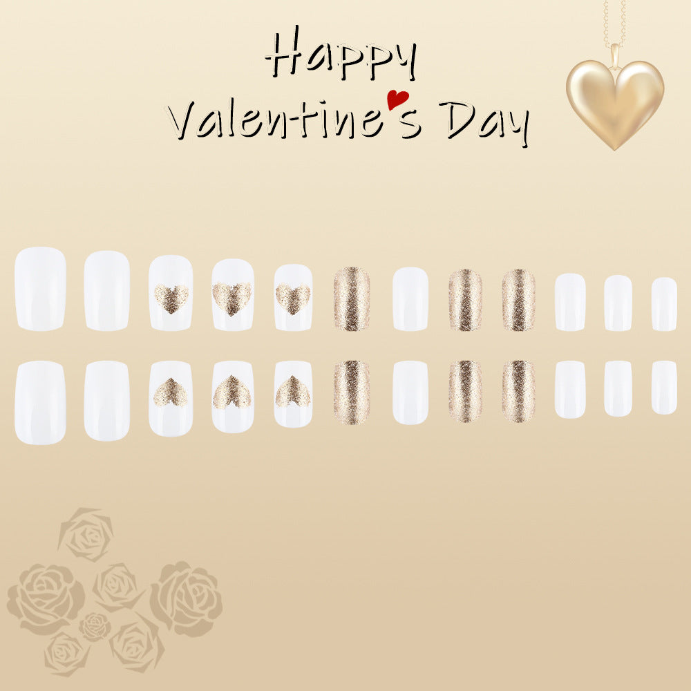 Romantic Elegance Medium Square White and Gold Heart Press On Nail Set with Sparkling Glitter Accents for Special Occasions