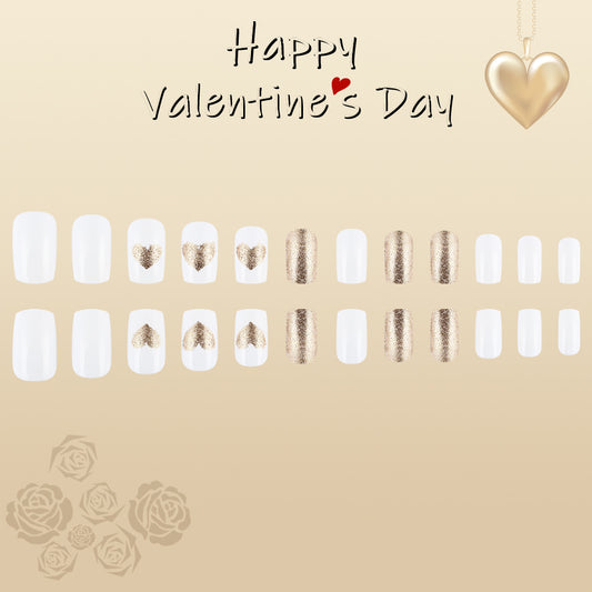 Romantic Elegance Medium Square White and Gold Heart Press On Nail Set with Sparkling Glitter Accents for Special Occasions