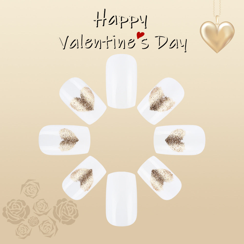 Romantic Heart Theme Medium Square White Press On Nail Set with Glitter Heart Accents