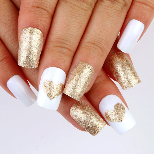 Glamorous Heartfelt Elegance Medium Square White and Gold Glitter Press On Nails with Heart Design