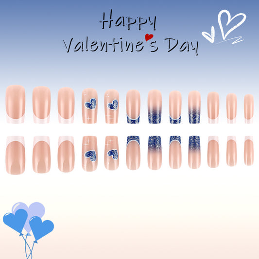 Romantic Hearts Press On Nail Set Medium Square Beige with Blue Glitter and Heart Designs