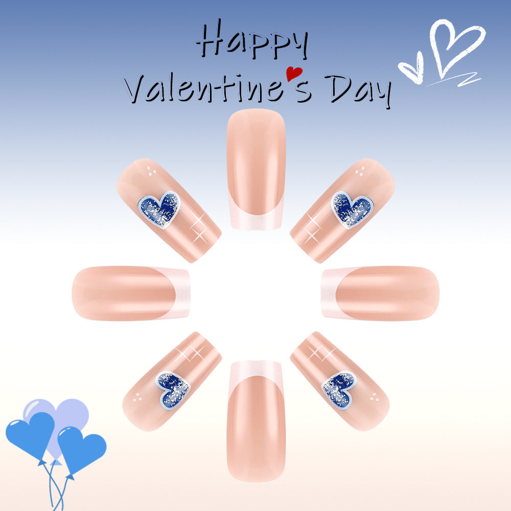 Romantic Heart Theme Medium Square Blush Pink Press on Nail Set with Stunning Blue Glitter Heart Feature