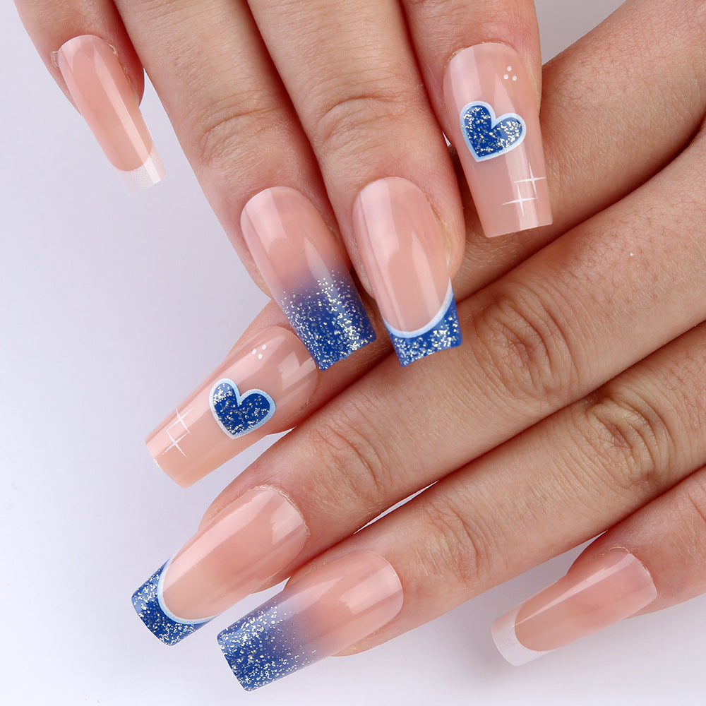 Romantic Ocean Bliss Medium Square Blue Ombr√© Glitter Nail Set with Heart Accents